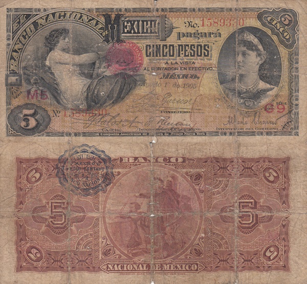 1885-1913 Issue - 5 Pesos (Banco Nacional de Mexico)