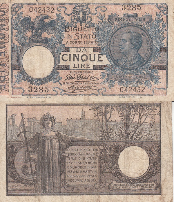 Emisiunea 1904-1924 - Biglietto di Stato - 5 Lire