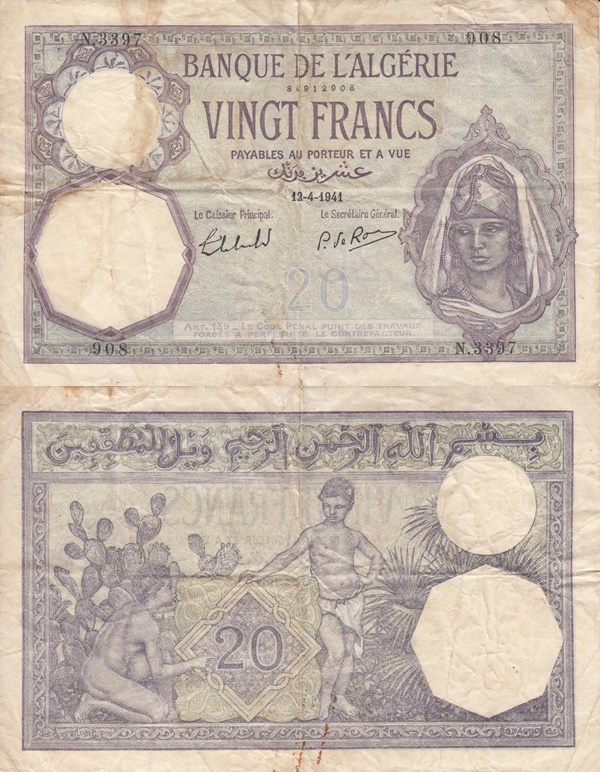 1914 - 1943 Issue - 20 Francs (Banque de l'Algérie)