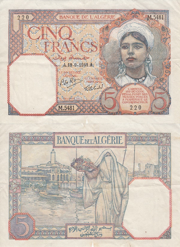 Emisiunea 1924-1941 - 5 Franci (Banque de l'Algérie)