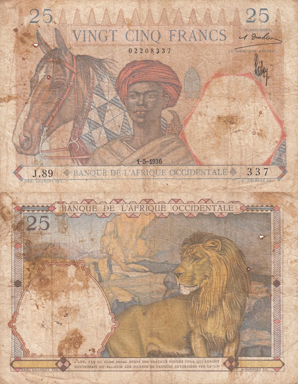 1936-1939 Issue - 25 Francs (Banque de l'Afrique Occidentale)