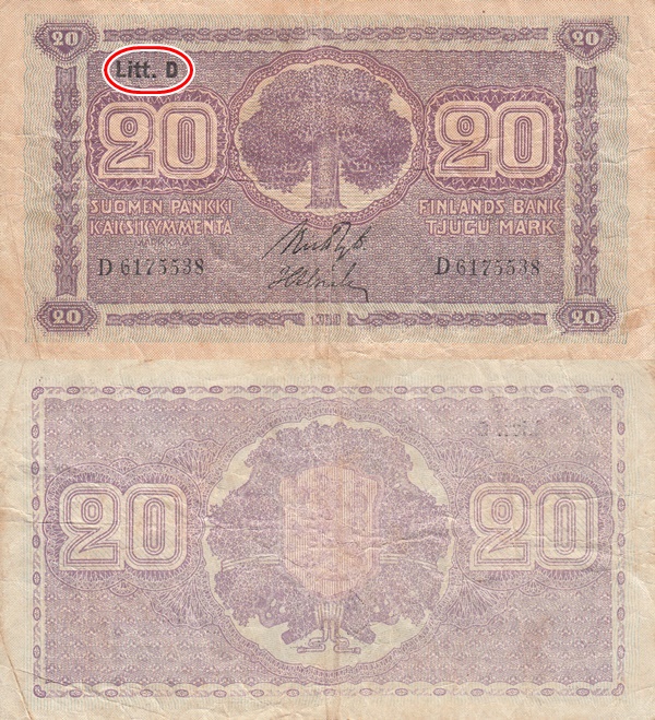 1939 Dated Issue (Litt. D) - 20 Markkaa/ Mark