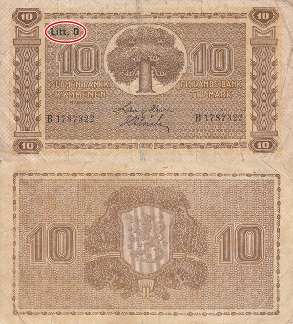 1939 Dated Issue (Litt. D) - 10 Markkaa/ Mark