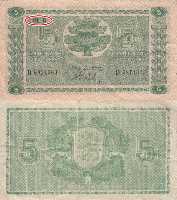 1939 Dated Issue (Litt. D) - 5 Markkaa / Mark