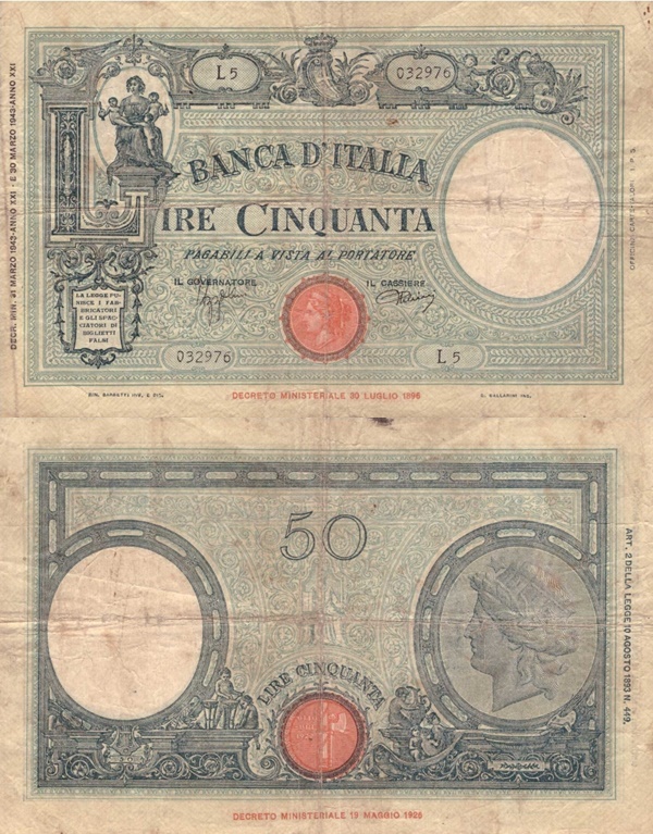 1943 Issue - Banca d'Italia - 50 Lire