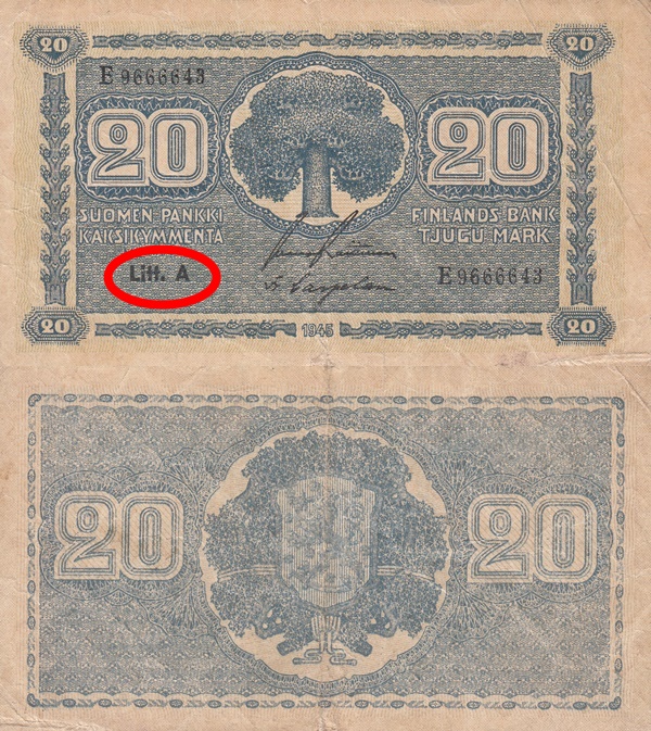 1945 dated issue (Litt. A) - 20 Markkaa / Mark