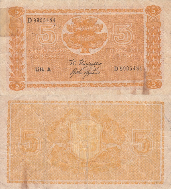 1945 dated issue, Litt. A - 5 Markkaa