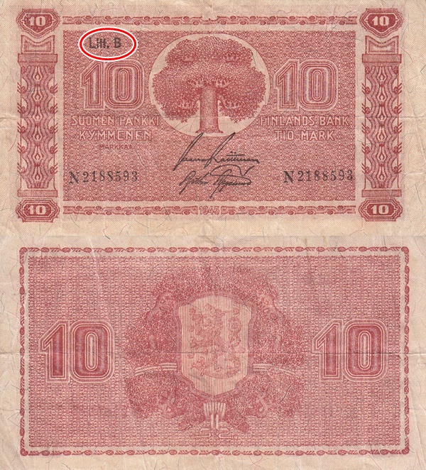 1945 dated issue (Litt. B) - 10 Markkaa / Mark