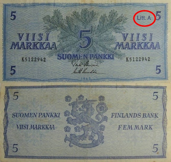 1963 Issue - 5 Markkaa/ Mark (Litt. A)