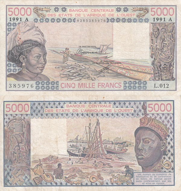 Cote D'Ivoire (Ivory Coast) (A) 1977-1991 Issue – 5000 Francs