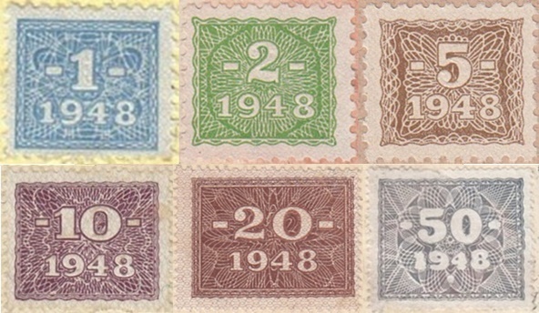 1948 Issue - Democratic Republic - Soviet occupation zone - Currency Reform Issue (Stamps affixed on Rentenmark and Reichsmark)