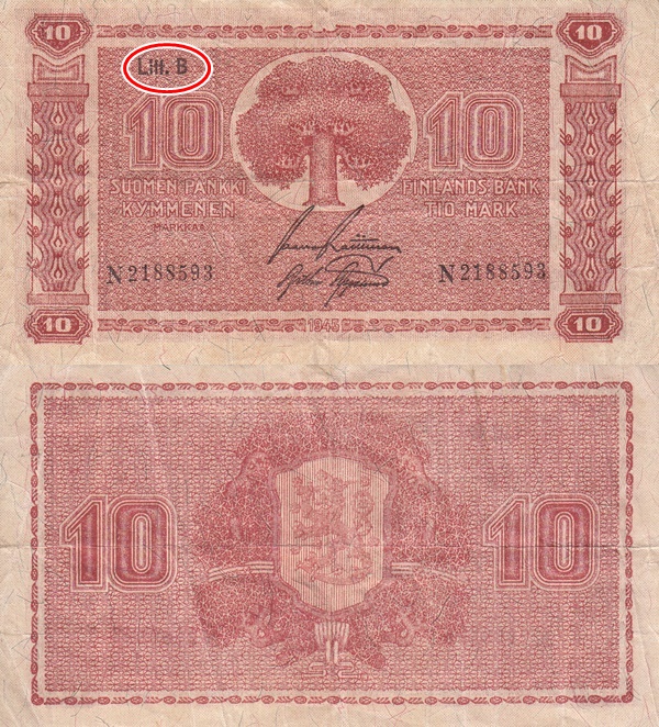 Emisiunea datată 1945 (Litt. B) - 10 Markkaa / Mark